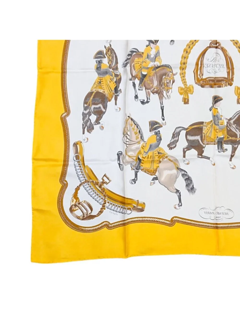 Hermes Carre 90 Reprise Ledoux Yellow Silk 100% Large Scarf